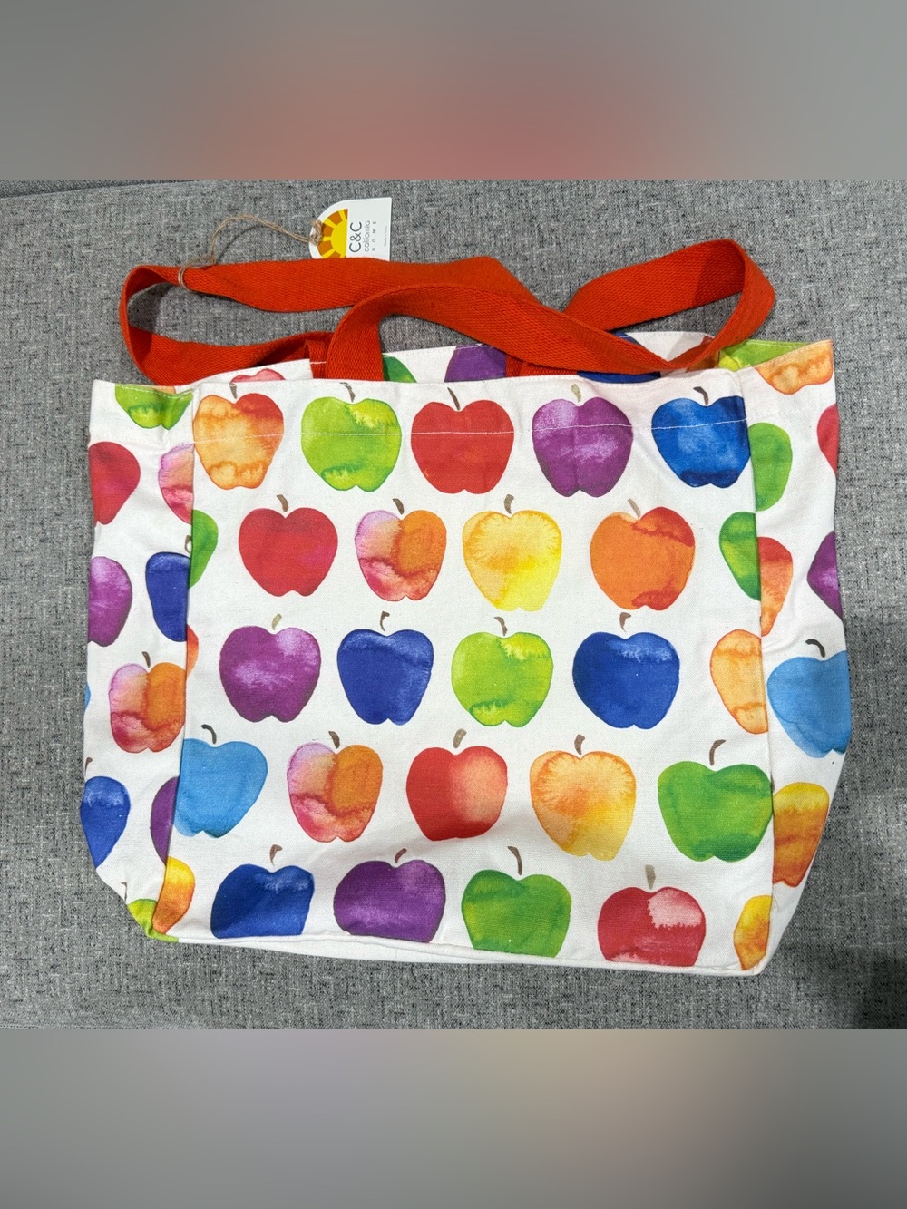 C&C California Rainbow Apple Cotton Print Tote with Orange Handles 21x16